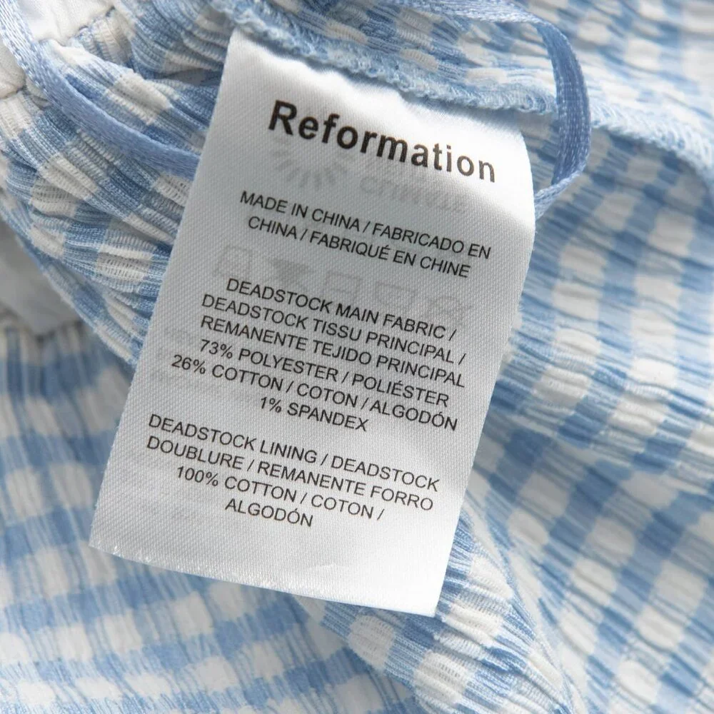 Reformation Lena Top Gingham Cropped Puff Sleeve Blouse Blue White Size 2